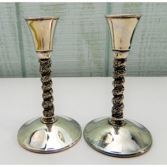 Falstaff Silver Plated Candlesticks Made Spain Twisted Vine Mid Century Set  2 - Picture 11 of 12